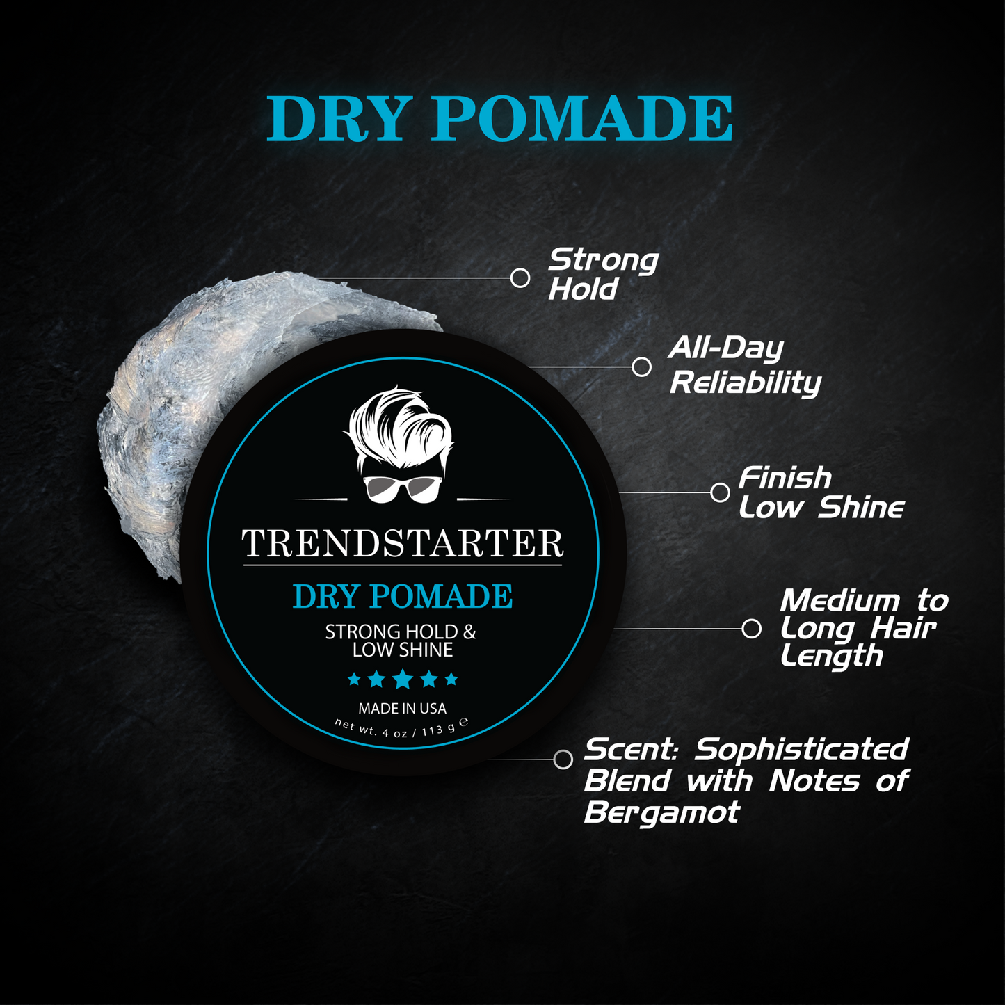TRENDSTARTER - DRY POMADE - Strong Hold - Low Shine (4oz)
